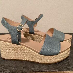 Crown & Ivy Wedged Platform Sandles Sz 7.5 Blue Denim Metallic - NWOT